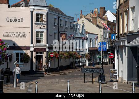 Eton, Buckinghamshire, England, UK. 2020. Eton High Street seen from the Windsor Eton bridge with its shops and pubs. Stock Photo