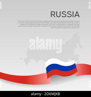 Russia wavy flag and mosaic map on white background. Wavy ribbon in the color of the russian flag. National poster. State russian patriotic cover, fly Stock Vector