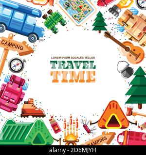 Camping vector frame with white background. Camp stuff, equipment and tools illustration. Banner or poster modern flat design. Stock Vector