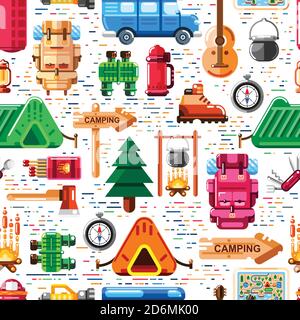 Camping seamless pattern. Vector camp stuff, equipment and tools illustration. Print, background or package modern flat design. Stock Vector