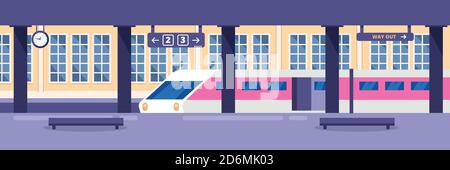 Modern high speed train on empty railway station. Railway passenger public transport, vector illustration. Railroad travel and trip concept. Stock Vector