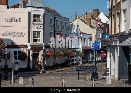 Eton, Buckinghamshire, England, UK. 2020. Eton High Street seen from the Windsor Eton bridge with its shops and pubs. Stock Photo