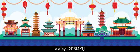 Chinese town design elements. Travel to China vector flat illustration. Traditional pagoda and lanterns background. Stock Vector