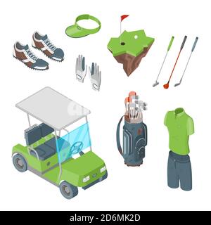 Golf club vector 3d isometric icons and design elements set. Golf cart, ball, club, bag and clothes flat illustration. Outdoor leisure activity stuff. Stock Vector