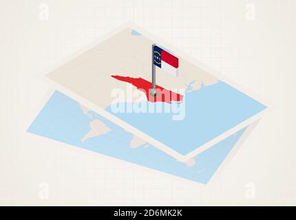 Isometric paper map of North Carolina with triangular flag of North ...