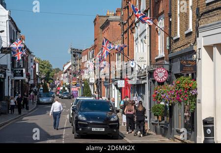 Eton, Buckinghamshire, England, UK. 2020. Eton High Street seen from the Windsor Eton bridge with its shops and pubs. Stock Photo