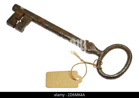 antique key with tag isolated on white background Stock Photo