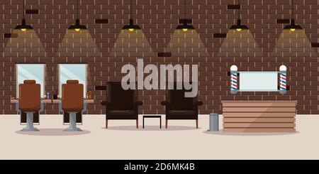 Barbershop modern loft interior, vector flat illustration. Reception desk and barber workplace design elements. Stock Vector