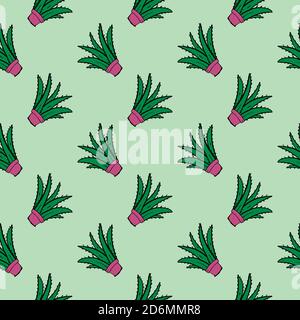 Small aloe plant, seamless pattern on mint green background. Stock Vector