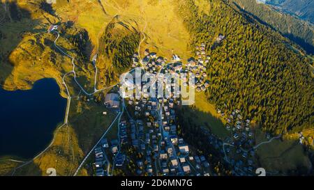 Village of Bettmeralp in Switzerland from above Stock Photo
