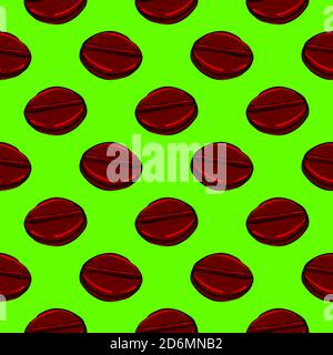 Coffee beans, seamless pattern on bright green background. Stock Vector
