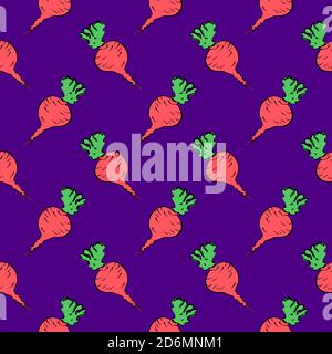 Red beet, seamless pattern on purple background. Stock Vector