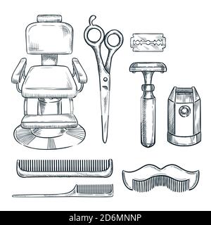 Barbershop vintage tools and equipment vector sketch illustration. Hand drawn icons and design elements for mens barber shop or salon. Stock Vector