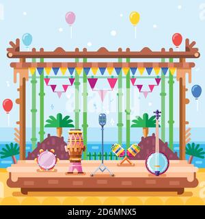 Outdoor concert stage, vector flat illustration. Music instruments and spotlights equipment on scene podium. Musical summer beach festival design elem Stock Vector