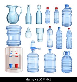 Water in plastic and glass bottles. Vector isolated objects set. Pure mineral water illustration. Stock Vector