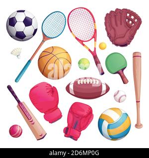 Sports equipment isolate objects. Vector cartoon illustration of football, soccer, tennis, cricket, baseball game symbols. Stock Vector
