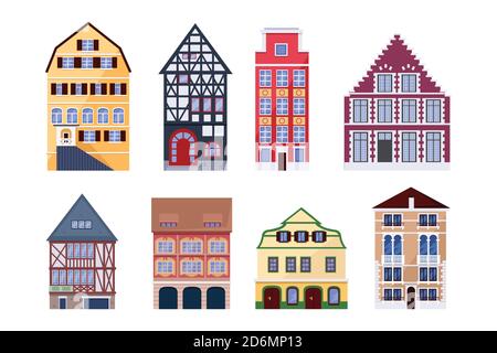 Europe old town houses. Building vector flat isolated illustration. City architecture design elements. Stock Vector