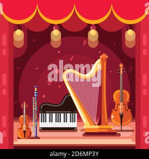 Theatre and classical music concert stage, vector flat illustration. Music instruments and spotlights equipment on scene podium. Theater show design e Stock Vector