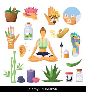 Alternative chinese medicine and treatment symbols. Vector isolated flat illustration. Acupuncture, massage, homeopathy therapy icons set. Stock Vector