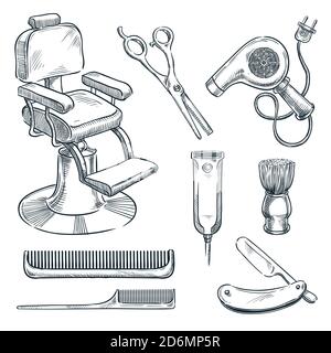 Barbershop vintage tools and equipment vector sketch illustration. Hand drawn icons and design elements for mens barber shop or salon. Stock Vector