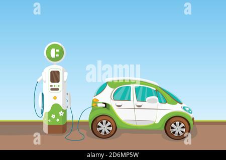 Electric vehicle and charging station. Eco car vector cartoon illustration. Ecology transport and green energy concept. Stock Vector