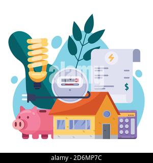 Utility bills and saving resources concept. Vector flat illustration. Electricity invoice payment. Stock Vector