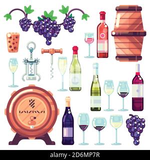 Wine making vector icons and design elements. Red and white wine bottles, drinking glass, vine grapes illustration. Stock Vector