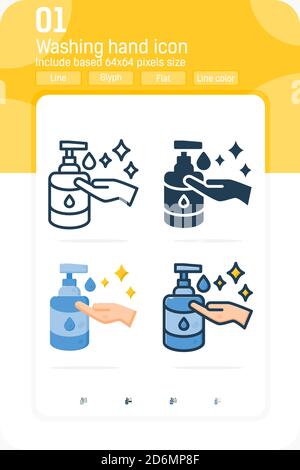 Washing hand with sanitizer liquid soap icon set with multiple style isolated on white background. Vector icon design for graphic, web design, apps Stock Vector