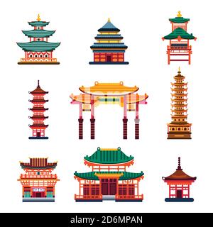 Colorful Chinese buildings, vector flat isolated illustration. China town traditional pagoda house. City architecture design elements. Stock Vector