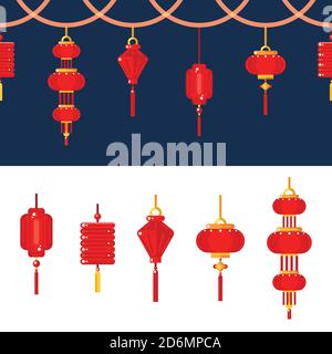 Chinese lantern icons set. Vector seamless horizontal border with red lamps on night background. Traditional China holiday and festival decoration. Stock Vector