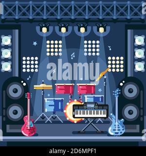 Rock concert stage vector flat illustration. Music instruments and spotlights equipment on scene podium. Festival or party design elements. Stock Vector