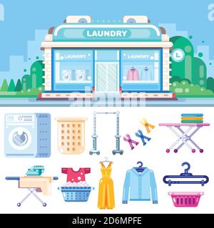 Laundry building, vector flat illustration. Laundry, dry cleaning, clothes washing and ironing service. Housekeeping, housework design elements. Stock Vector