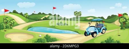 Golf course with green, water and sand bunker. Summer landscape vector cartoon illustration. Golf cart and flags on lawn. Stock Vector