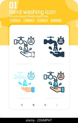 Wash your hands during 30 seconds icon isolated on white background. Vector illustration hand washing with soap under running water symbol design Stock Vector