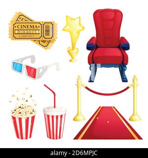 Watching movie and cinema theater, vector cartoon icons and design elements set. Tickets, popcorn, red carpet and armchair illustration. Stock Vector