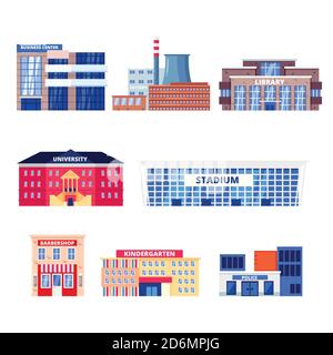 City non-residential buildings, vector icons set. Municipal real estate objects isolated on white background. Business center, factory, university and Stock Vector