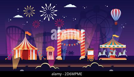 Night amusement park vector illustration. Fun luminous carousels, circus, fair in park. Carnival, festival and entertainment themes background. Stock Vector