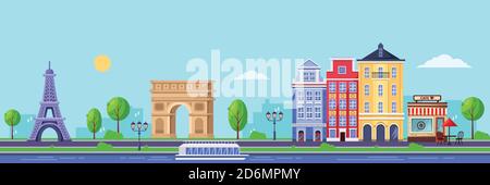 Summer season in Paris. Vector flat illustration of cityscape with Eiffel tower, Triumphal Arch and old buildings. Travel to France design. Stock Vector