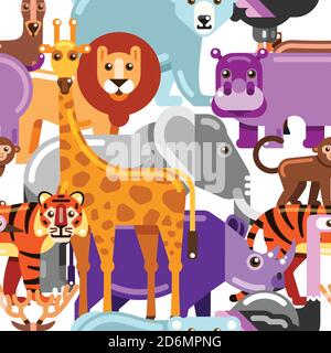 Wild exotic animals seamless pattern. Zoo or safari vector flat illustration. Multicolor cartoon cute background. Stock Vector