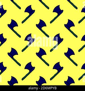 Dark blue ax, seamless pattern on yellow background. Stock Vector