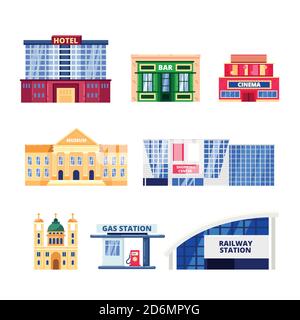 City non-residential buildings, vector icons set. Municipal real estate objects isolated on white background. Hotel, bar, museum and shopping mall ill Stock Vector