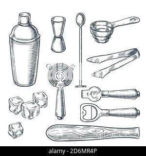 Cocktail bar tools and equipment vector sketch illustration. Hand drawn icons and design elements for bartender work. Stock Vector