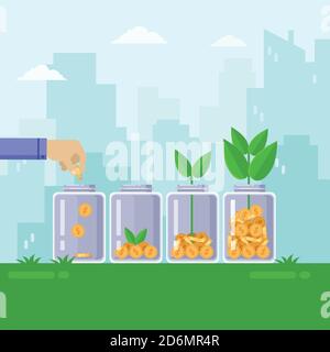 Investment and finance growth business concept. Hand putting coin in clear jar. Vector flat illustration. Growing green money tree on skyscrapers city Stock Vector