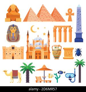 Travel to Egypt vector icons and design elements. Egyptian national symbols and ancient landmarks flat illustration Stock Vector