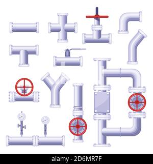 Gas pipeline construction elements. Vector isolated metal pipe, valve, pressure, tap icons set. Stock Vector