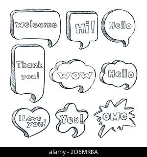 Speech bubbles with words and phrases, vector sketch illustration. Hand drawn comic text clouds with messages. Dialog icons, stickers and design eleme Stock Vector