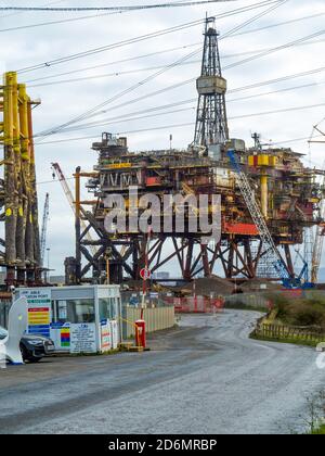 Topside deck of the Shell Brent Alpha Production platform during recycling at Able UK facility at Greatham Stock Photo