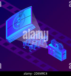 People in the cinema theater watching movie. Vector isometric neon gradients illustration. Film festival and entertainment concept. Stock Vector