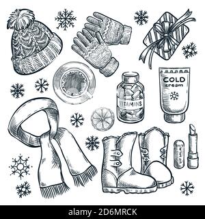 Winter and autumn essentials, vector sketch illustration. Hand drawn fashion clothing, fall accessories icons and design elements. Stock Vector