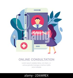 Online medical consultation, mobile app concept. Patient calls a doctor. Vector flat illustration. Stock Vector